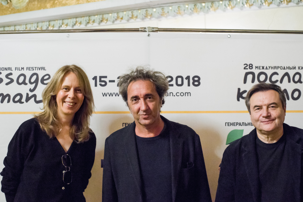 Генеральный директор АО «Группа «Илим» Ксения Соснина, почетный гость кинофестиваля режиссер Паоло Соррентино, президент МКФ Алексей Учитель (слева направо) 